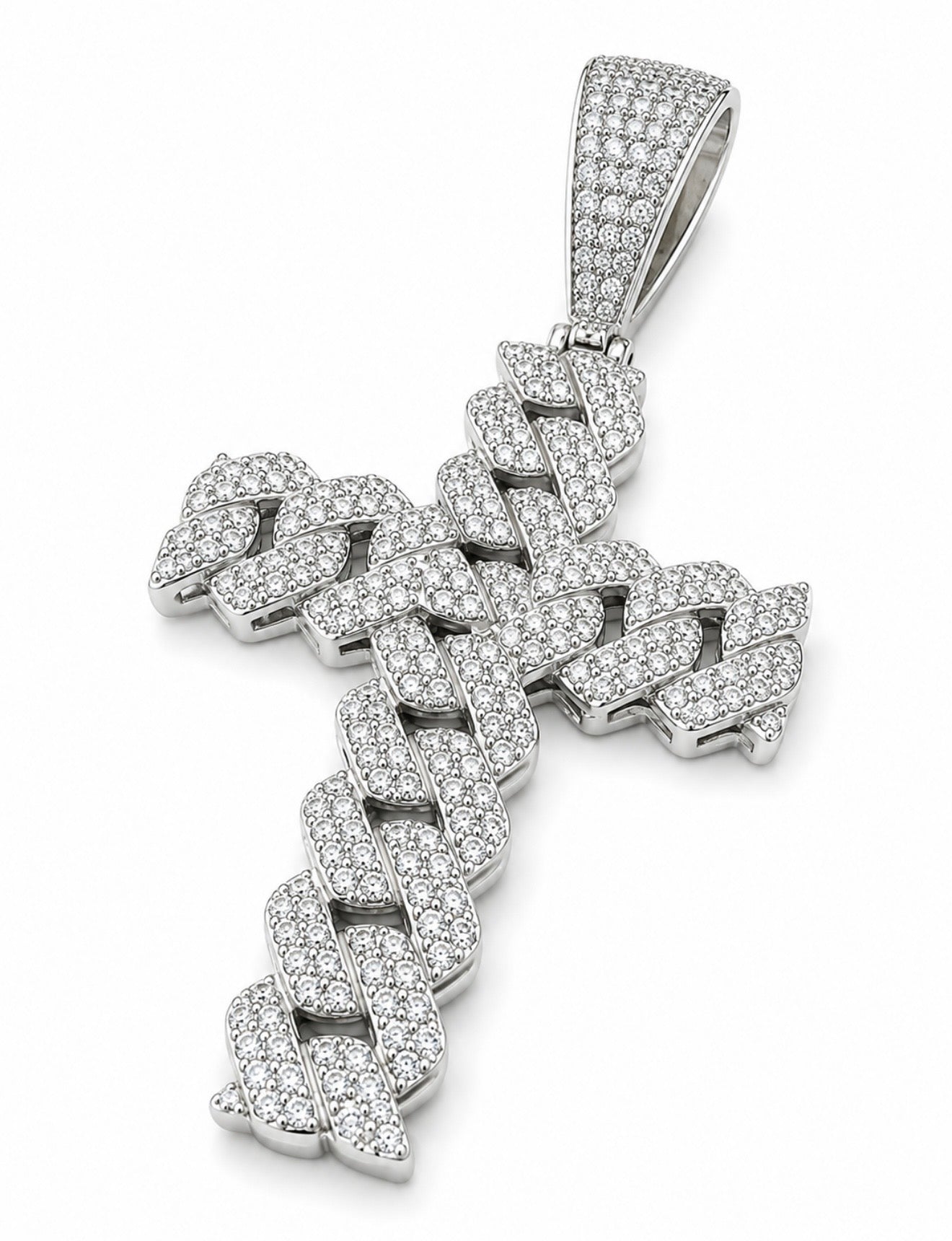 CUSTOM MIAMI LINK CROSS PENDANT – FL–IF MOISSANITE, 925 SILVER & 18K VERMEIL