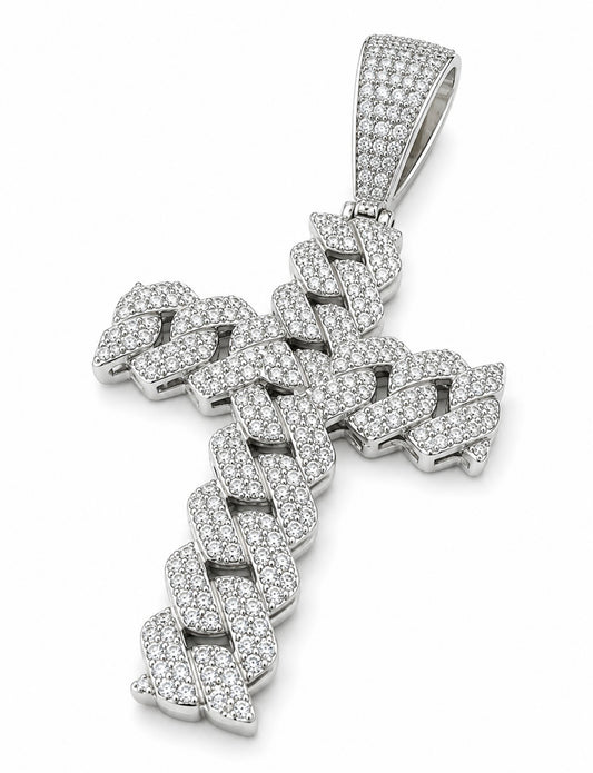 CUSTOM MIAMI LINK CROSS PENDANT – FL–IF MOISSANITE, 925 SILVER & 18K VERMEIL