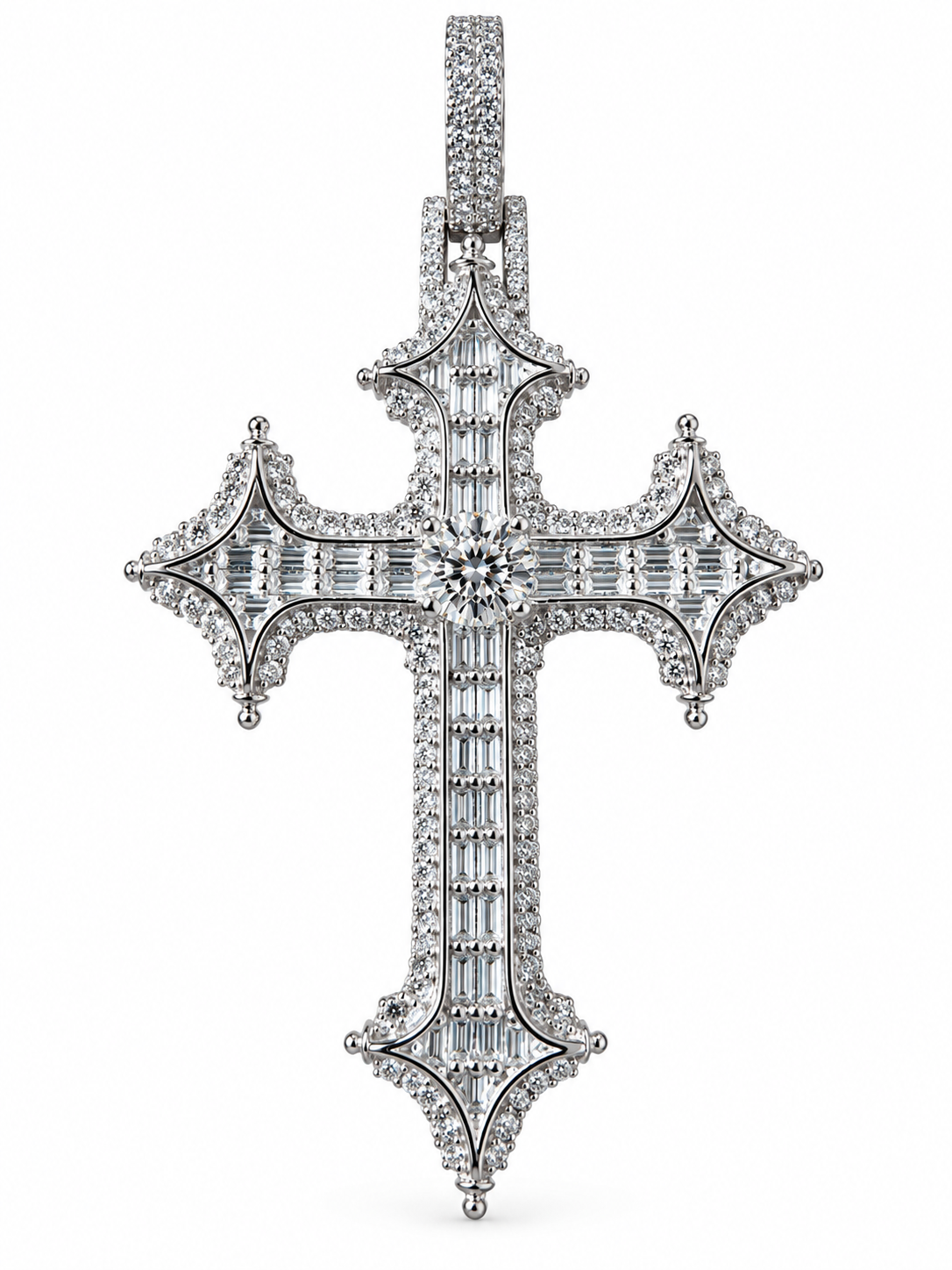 THE LAST SAINT BAGUETTE CROSS | FL-IF LAB MOISSANITE DIAMONDS IN 925 STERLING SILVER & 18K VERMEIL GOLD