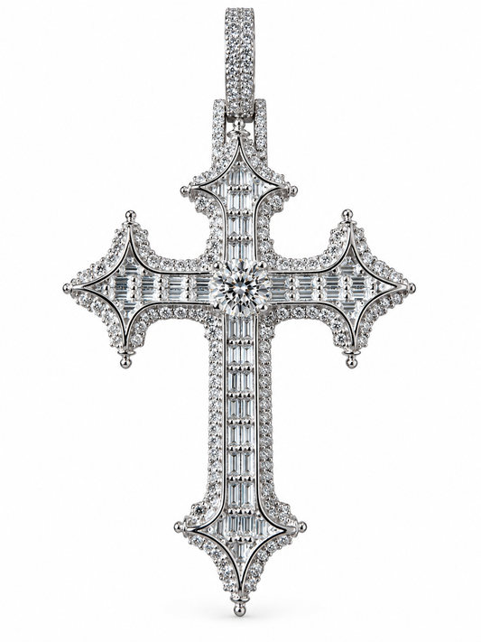 THE LAST SAINT BAGUETTE CROSS | FL-IF LAB MOISSANITE DIAMONDS IN 925 STERLING SILVER & 18K VERMEIL GOLD