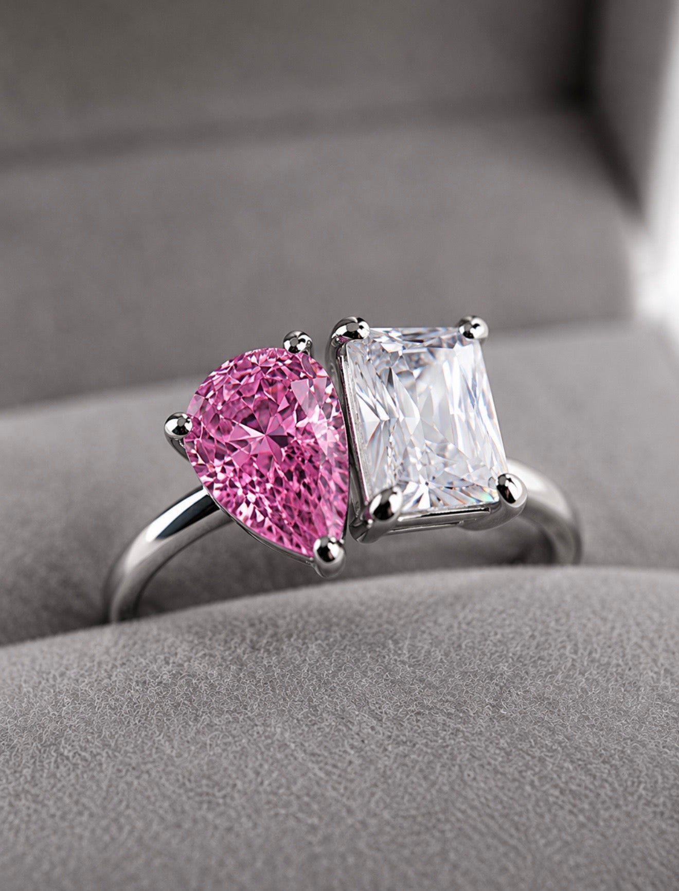 CANDY BAR MIXED CUT RING – DVVS1/CB FANCY PINK PEAR & BAGUETTE CUT, 925 SILVER & 18K VERMEIL GOLD