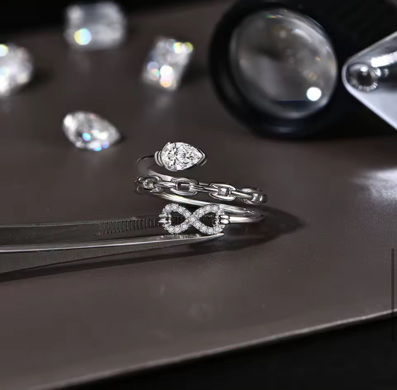 Gelati's Multilayer 2,5 CT Infinity VVS1 Moissanite Diamond Pear Cut Ring in Sterling 925 Silver & 18k Vermeil Gold Inserts
