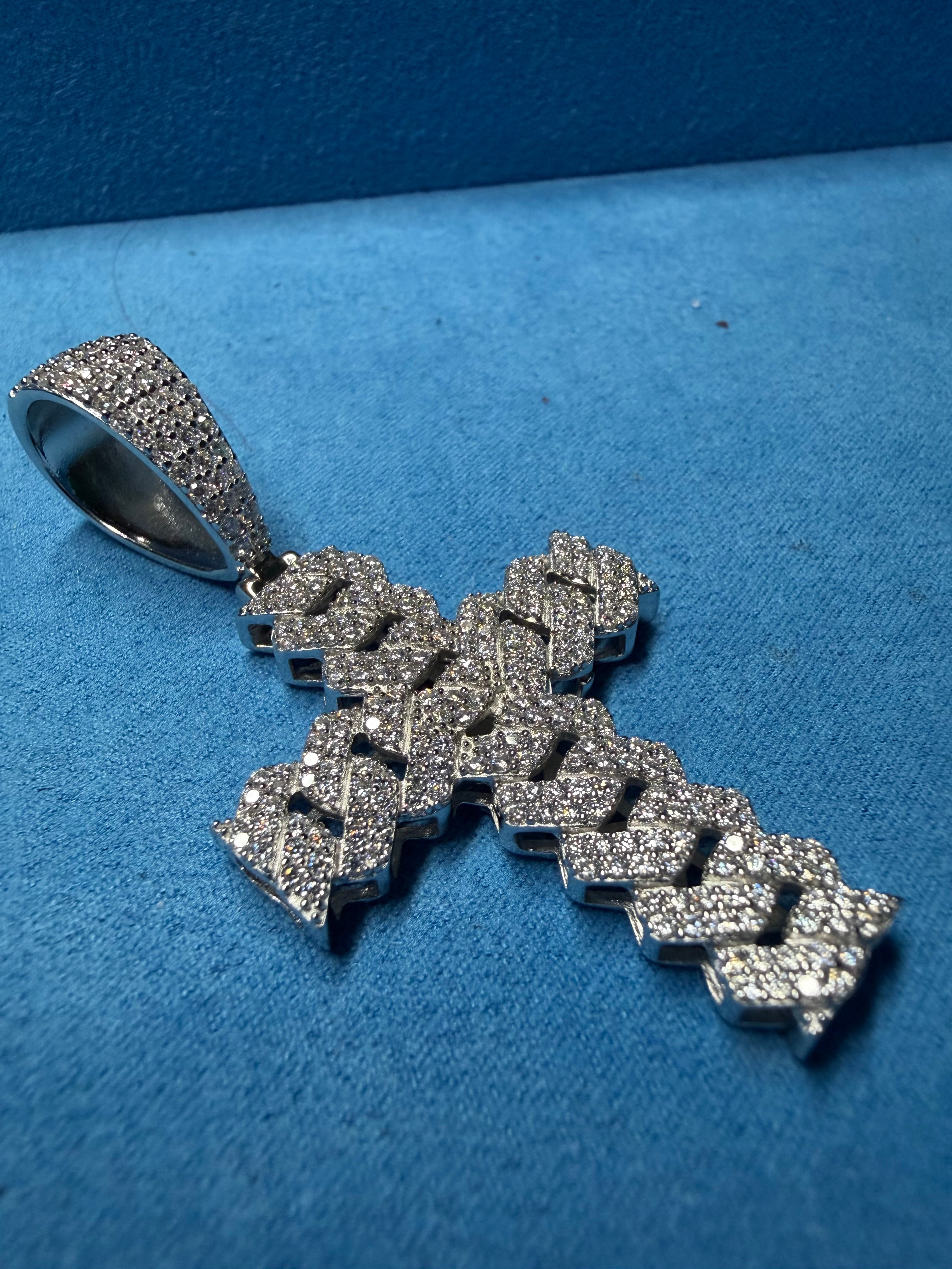 Gelati's Custom Miami Link FL-IF Lab Moissanite Diamond Cross Pendant in 925 Sterling Silver & 18k Vermeil Gold + Free silver chain included