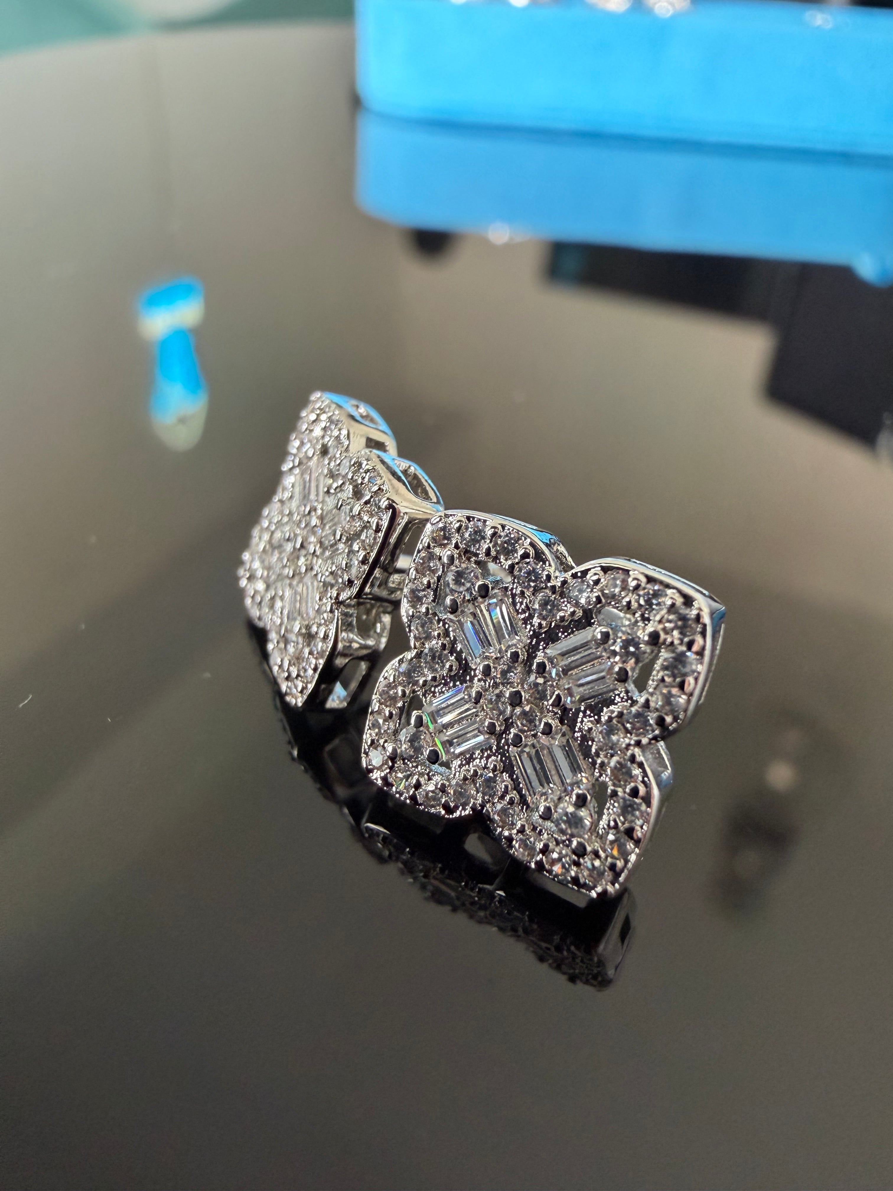 Gelati's FL-IF Lab Moissanite Diamond Baguette Clover Earrings in 925 Sterling Silver & 18K Vermeil White Gold