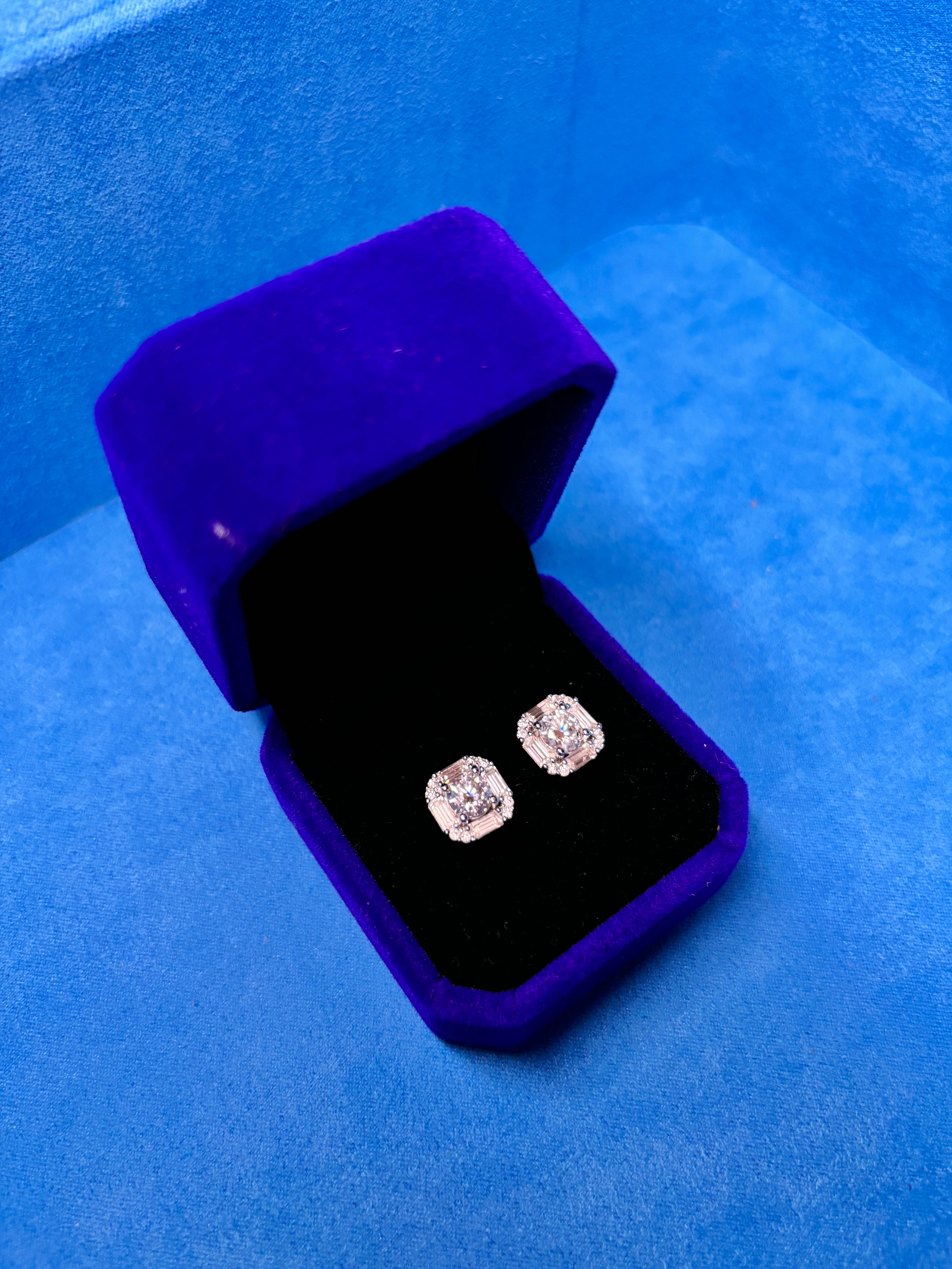 Gelati's Bespoke 8MM Ascher Cut & Baguette's Halo FL-IF Lab Moissanite Diamond Earrings in solid 925 Silver & 18k Vermeil Gold