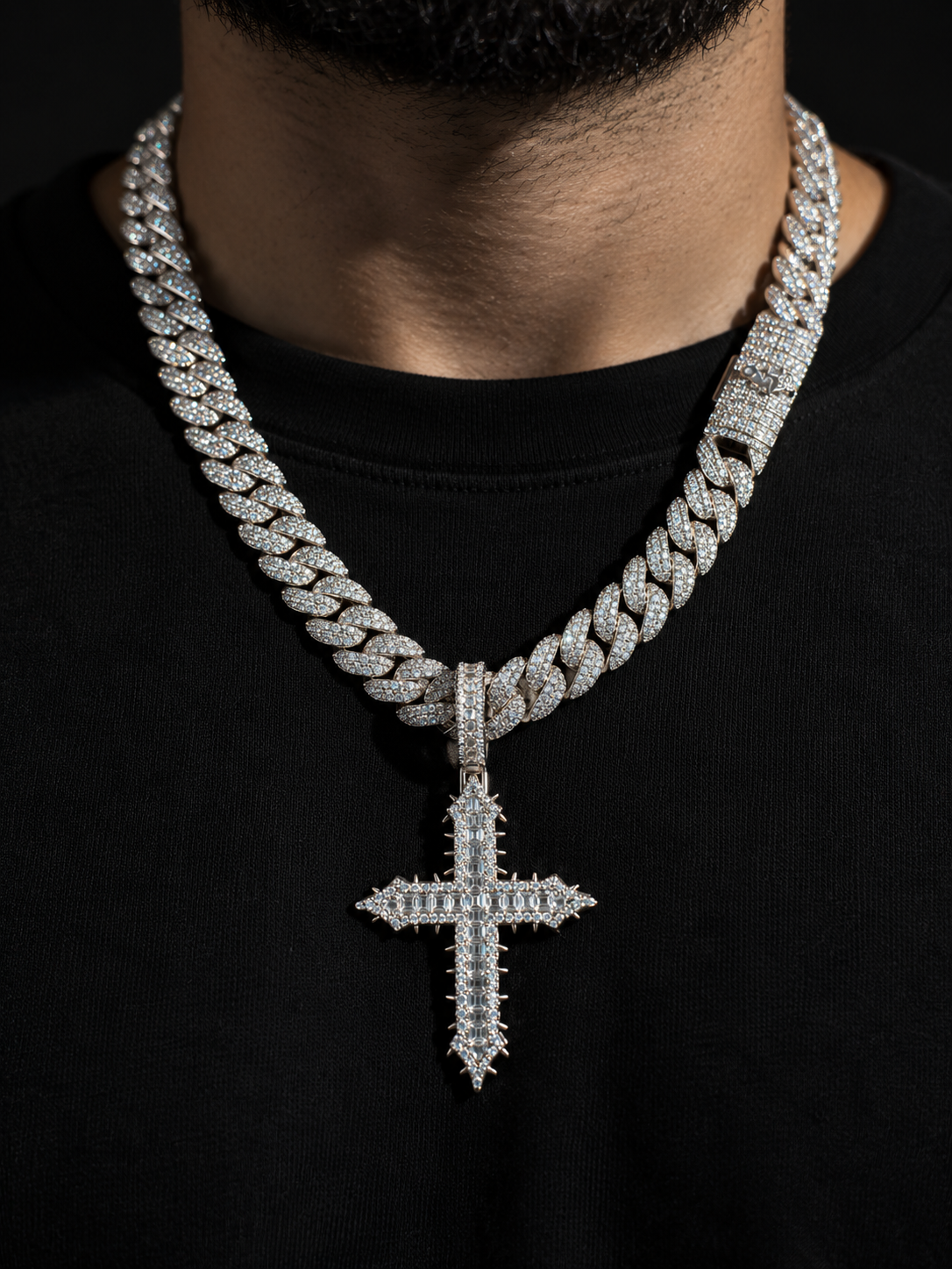 GELATI LIMITED | DEATHBRINGER SPIKED DIAMOND CROSS - FL-IF Lab Moissanite | 925 Sterling Silver | 18K Vermeil Gold