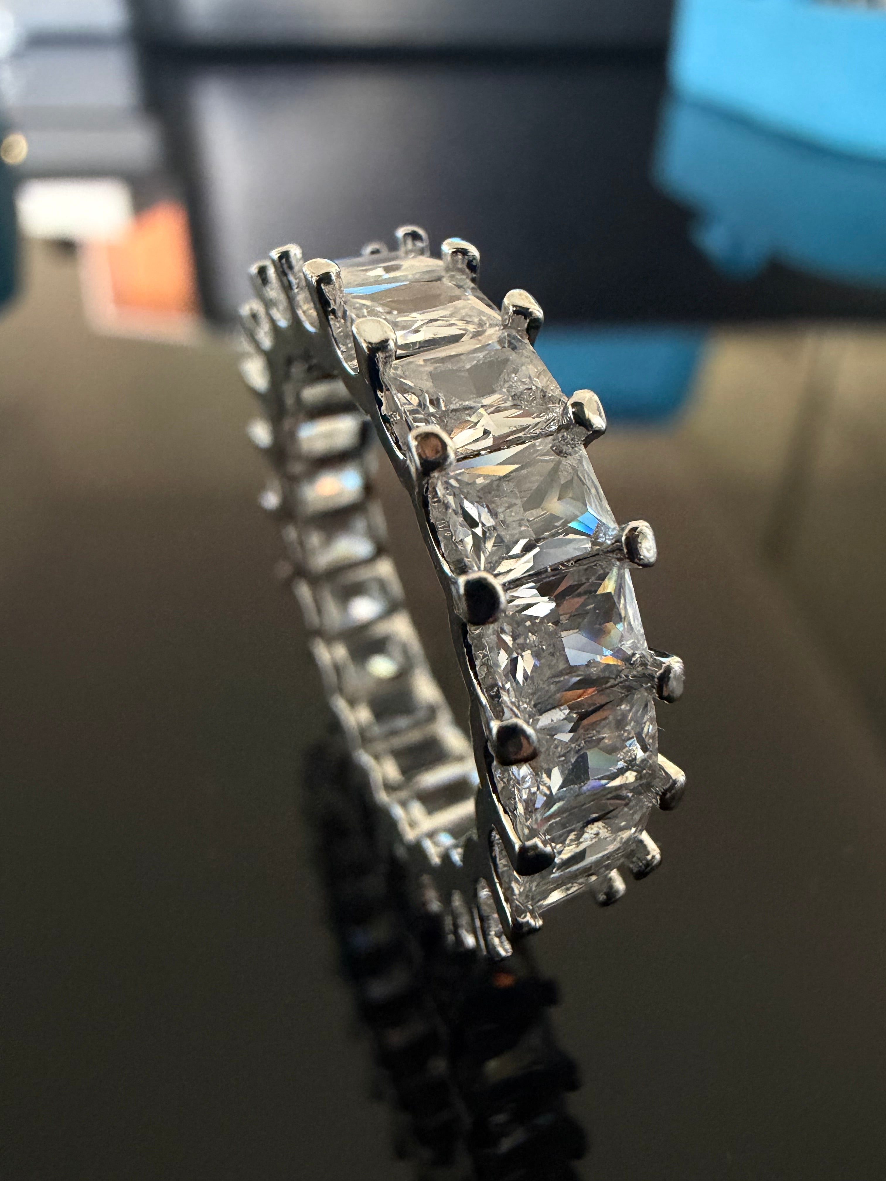 Gelati's Baguette Emerald Cut DVVS1/CB Lab Moissante 3MM Eternity Ring in 925 Sterling Silver & 14k White Vermeil Gold Inlay