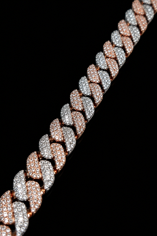 Signature Mosaic Tri Row Setting Two Tone Cuban Bracelet – 12CTW FL-IF Moissanite, 925 Silver & 18K Vermeil (14MM)