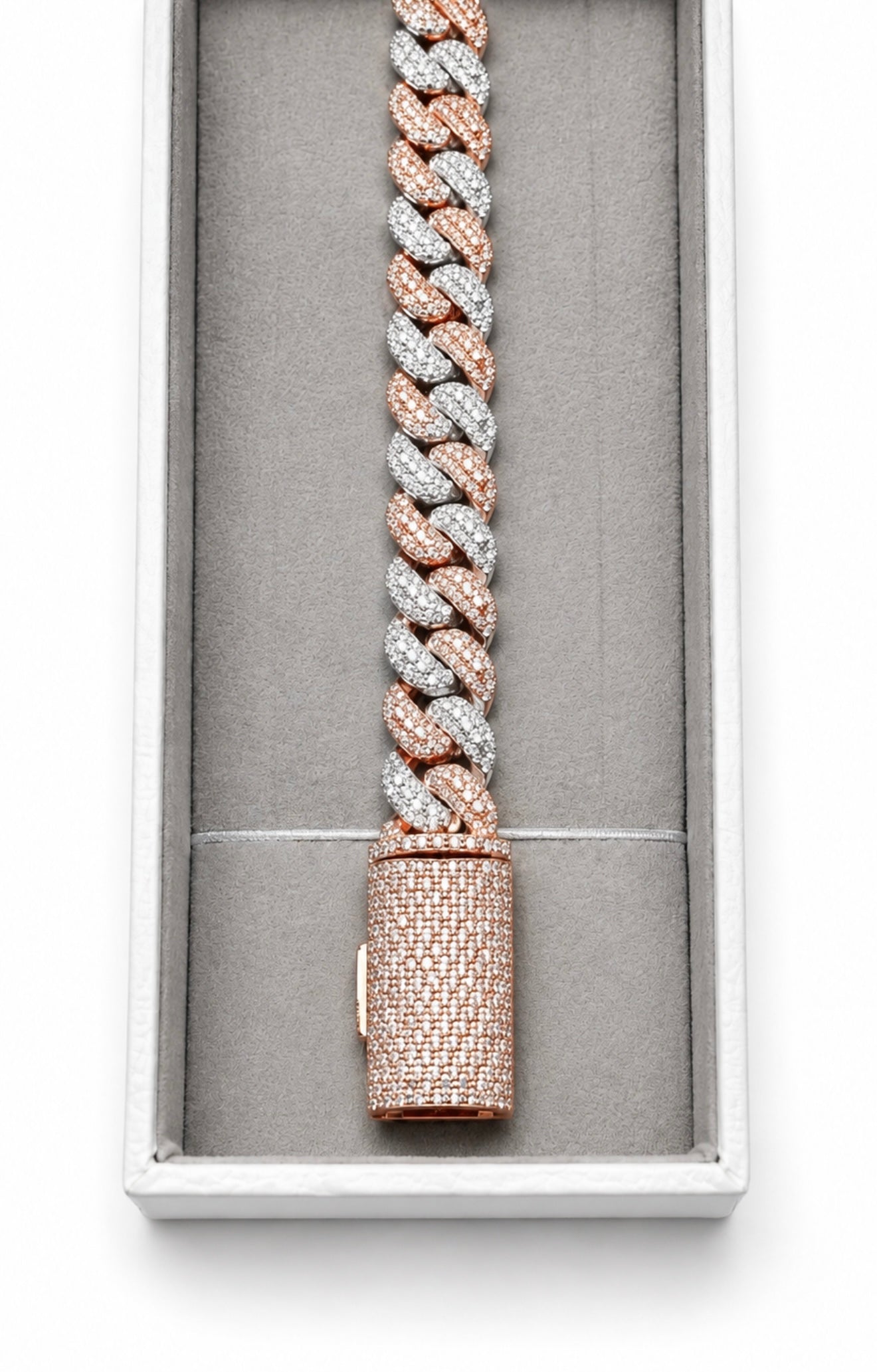 SIGNATURE MOSAIC TRI ROW SETTING TWO TONE CUBAN BRACELET – 12CTW FL-IF MOISSANITE, 925 SILVER & 18K VERMEIL