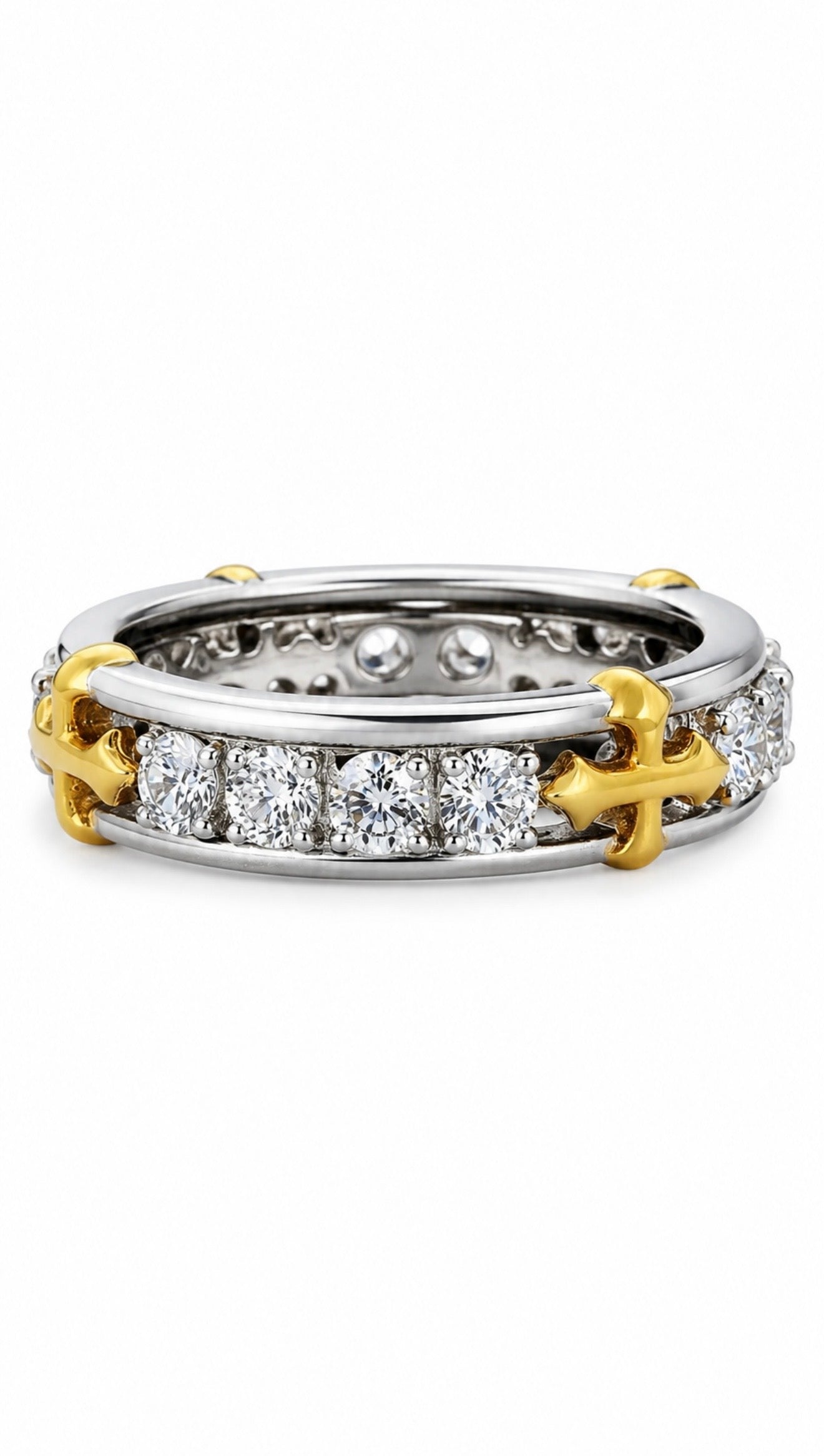 GELATI’S EXCLUSIVE GOLDEN CROSS VVS1 MOISSANITE DIAMOND RING IN SOLID 925 SILVER & 18K VERMEIL GOLD INLAY