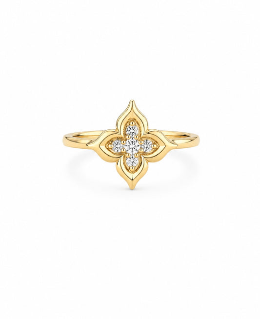 GELATI’S LUCKY FOUR LEAF CLOVER 1,5 CT INFINITY VVS1 MOISSANITE DIAMOND PRONGUE RING IN STERLING 925 SILVER & 18K VERMEIL GOLD INSERTS