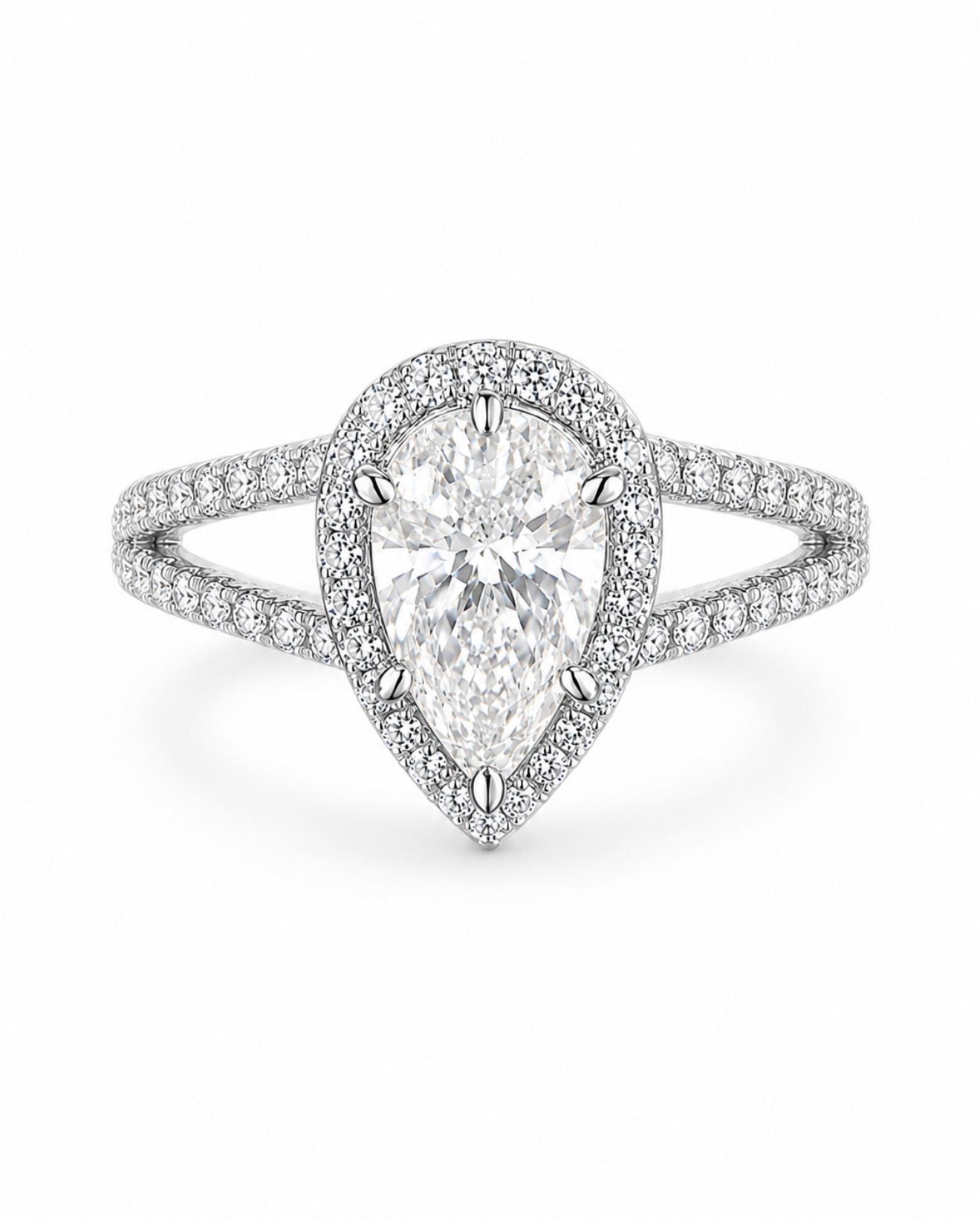 ARK HALO PEAR CUT FL-IF MOISSANITE DIAMOND RING – 925 SILVER / 18K VERMEIL WHITE GOLD