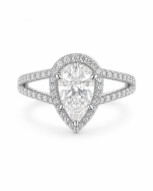 ARK HALO PEAR CUT FL-IF MOISSANITE DIAMOND RING – 925 SILVER / 18K VERMEIL WHITE GOLD