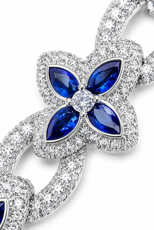 CELESTE CLOVER CUBAN NECKLACE – SAPPHIRE & FL–IF MOISSANITE / CB DIAMONDS, 925 SILVER & 18K VERMEIL