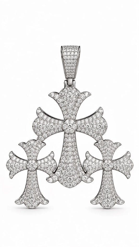 GELATI CHROME TRIPLE CROSS DIAMOND PENDANT | FL-IF LAB MOISSANITE | 925 STERLING SILVER | 18K VERMEIL GOLD