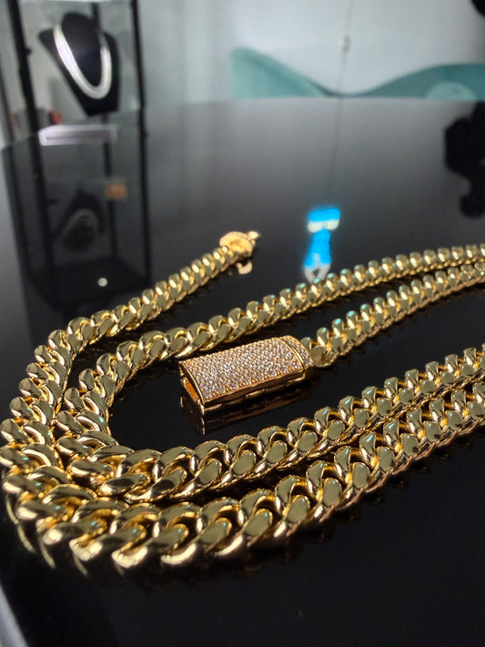 Gelati's 18K Vermeil Gold -DVVS1 Lab Moissanite Diamond Lock Miami Link Cuban Necklace in Solid 925 Sterling Silver & Titanium .