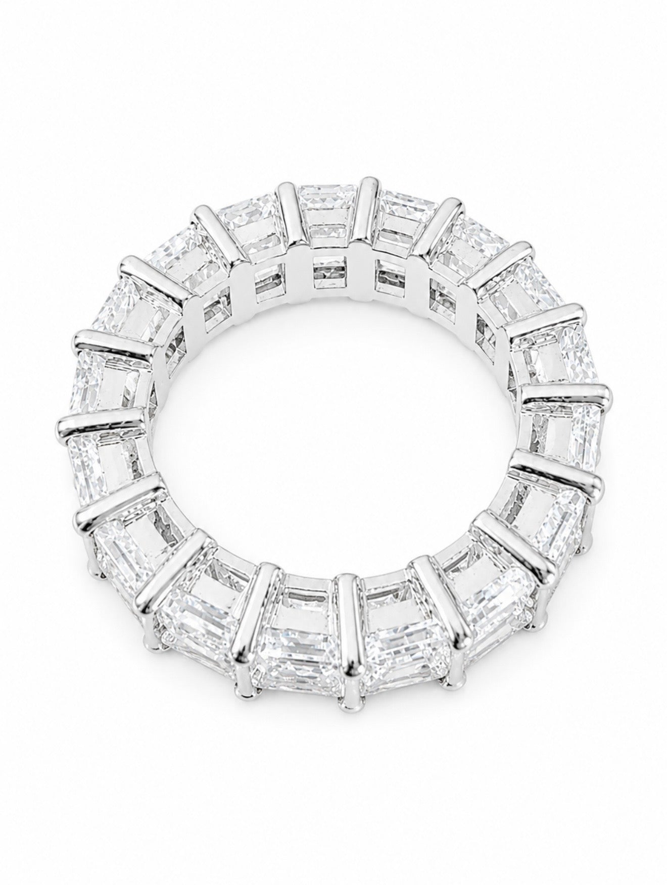 AURELIA BAGUETTE EMERALD ETERNITY RING – DVVS1/HCD MOISSANITE, 925 SILVER & 14K WHITE VERMEIL