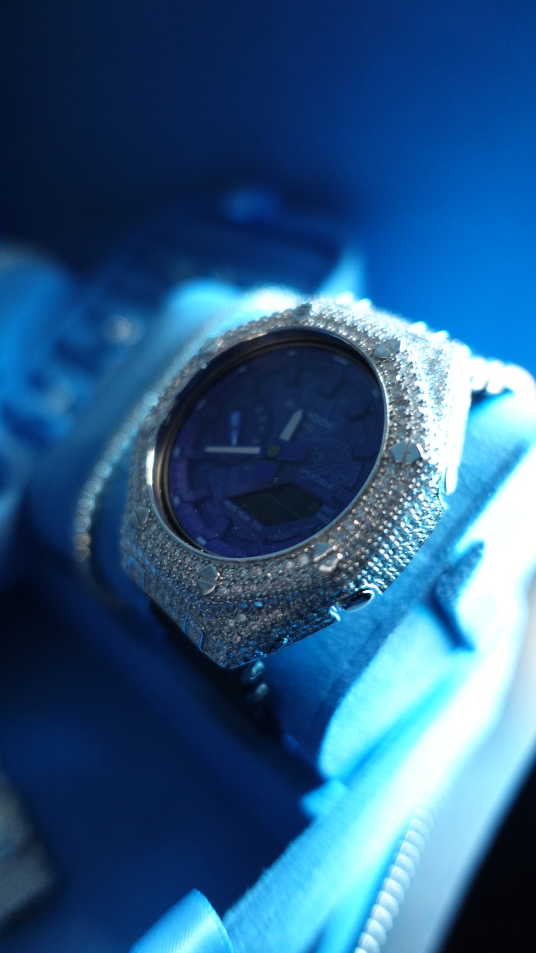 Gelati's Custom 20 CT G-shock In FL-Flawless Lab Moissanite Diamonds & Solid 925 Sterling silver and 18k Vermeil Gold - Limited Blue Paisley Dial Edition