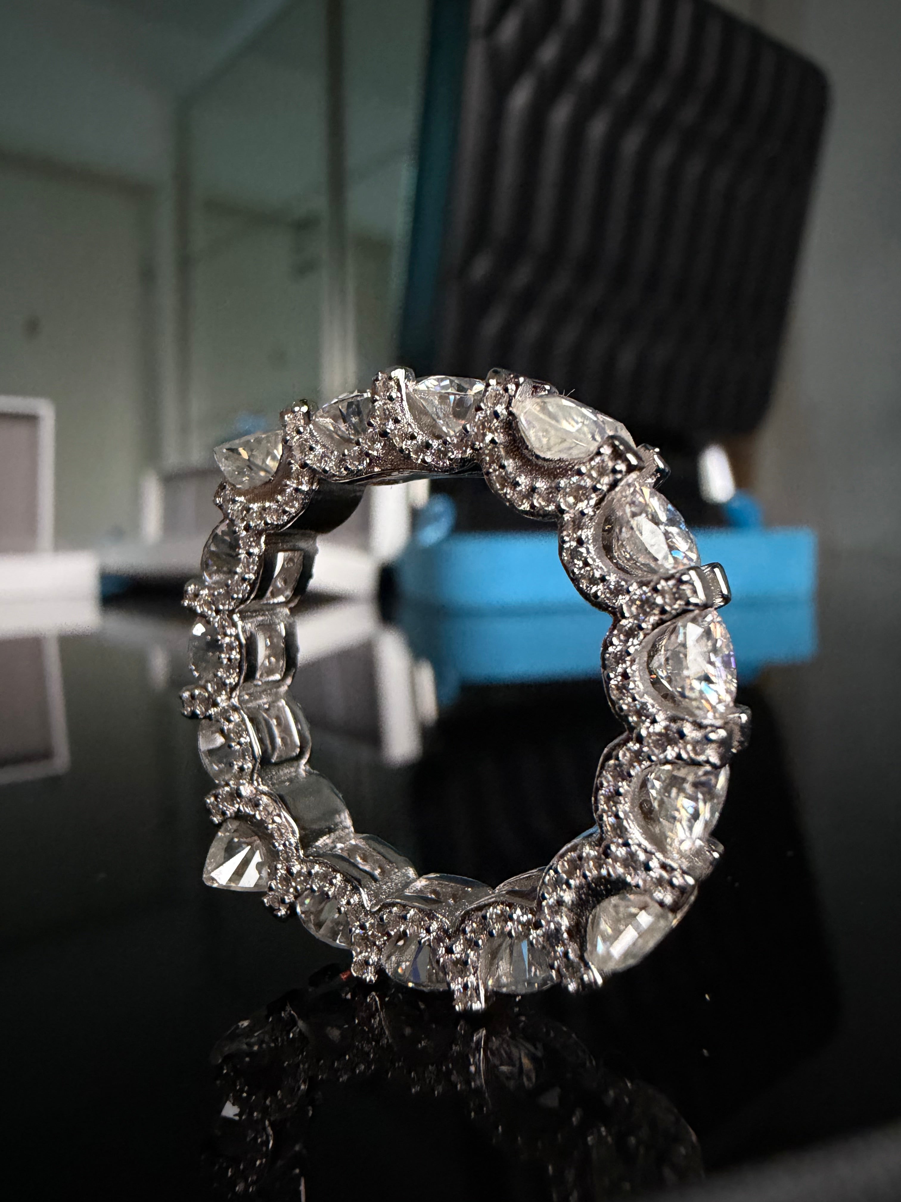 Gelati's "Ice Glacier" FL-IF Lab Moissanite Diamond Hybrid Pear & Diamond Cut Setting Diamond Ring In Solid 925 Silver & 18k Vermeil Gold