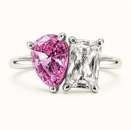 CANDY BAR MIXED CUT RING – DVVS1/CB FANCY PINK PEAR & BAGUETTE CUT, 925 SILVER & 18K VERMEIL GOLD