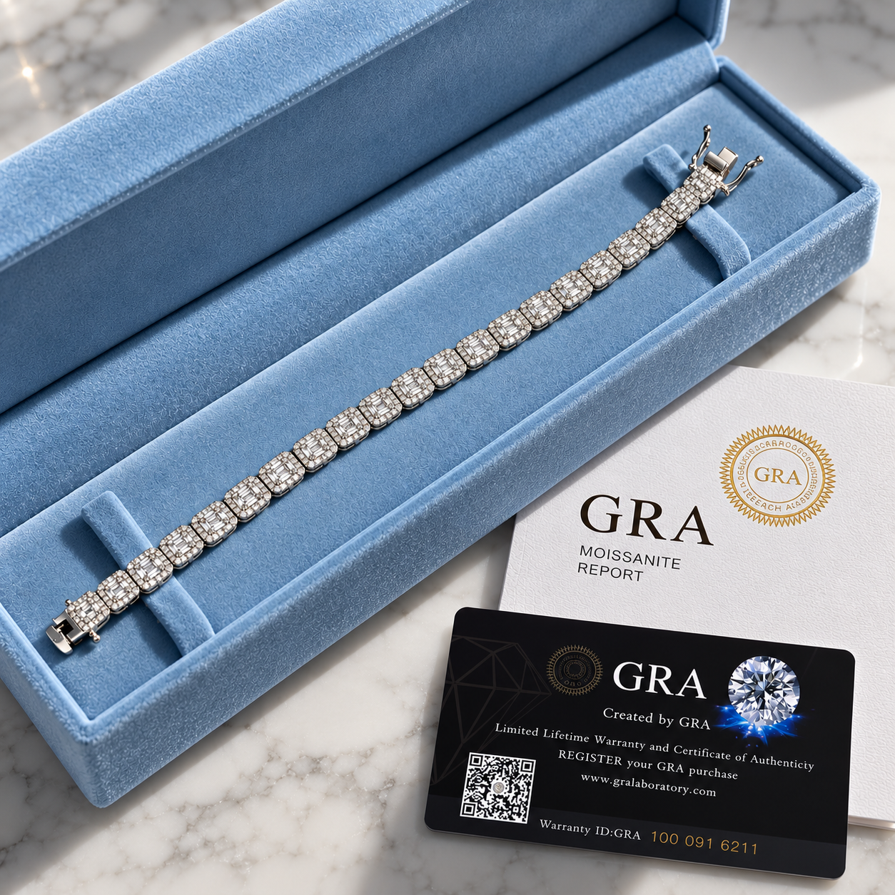 GELATI | BAGUETTE HALO DIAMOND BRACELET — 925 SILVER & 18K VERMEIL GOLD — FL-IF Lab Moissanite