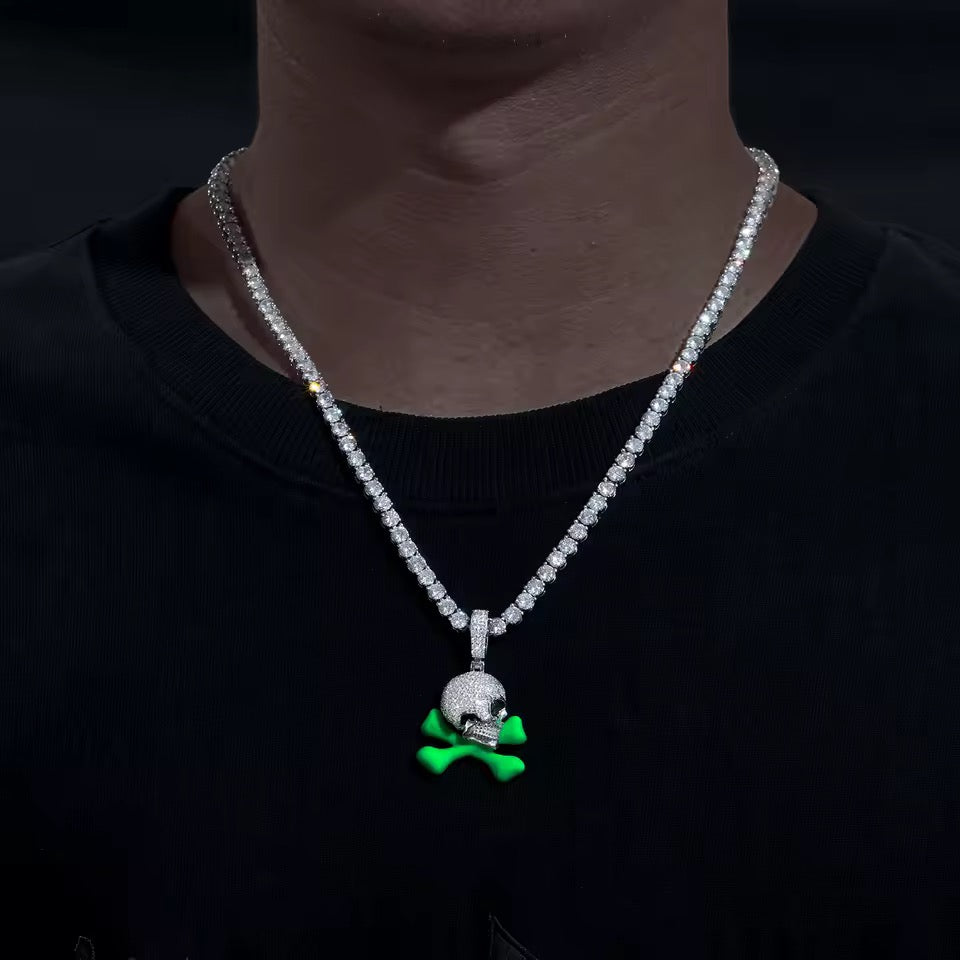 Gelati's Diamond Glow in the Dark Skull Pendant in 925 Sterling Silver & VVS1 Moissanite Diamonds