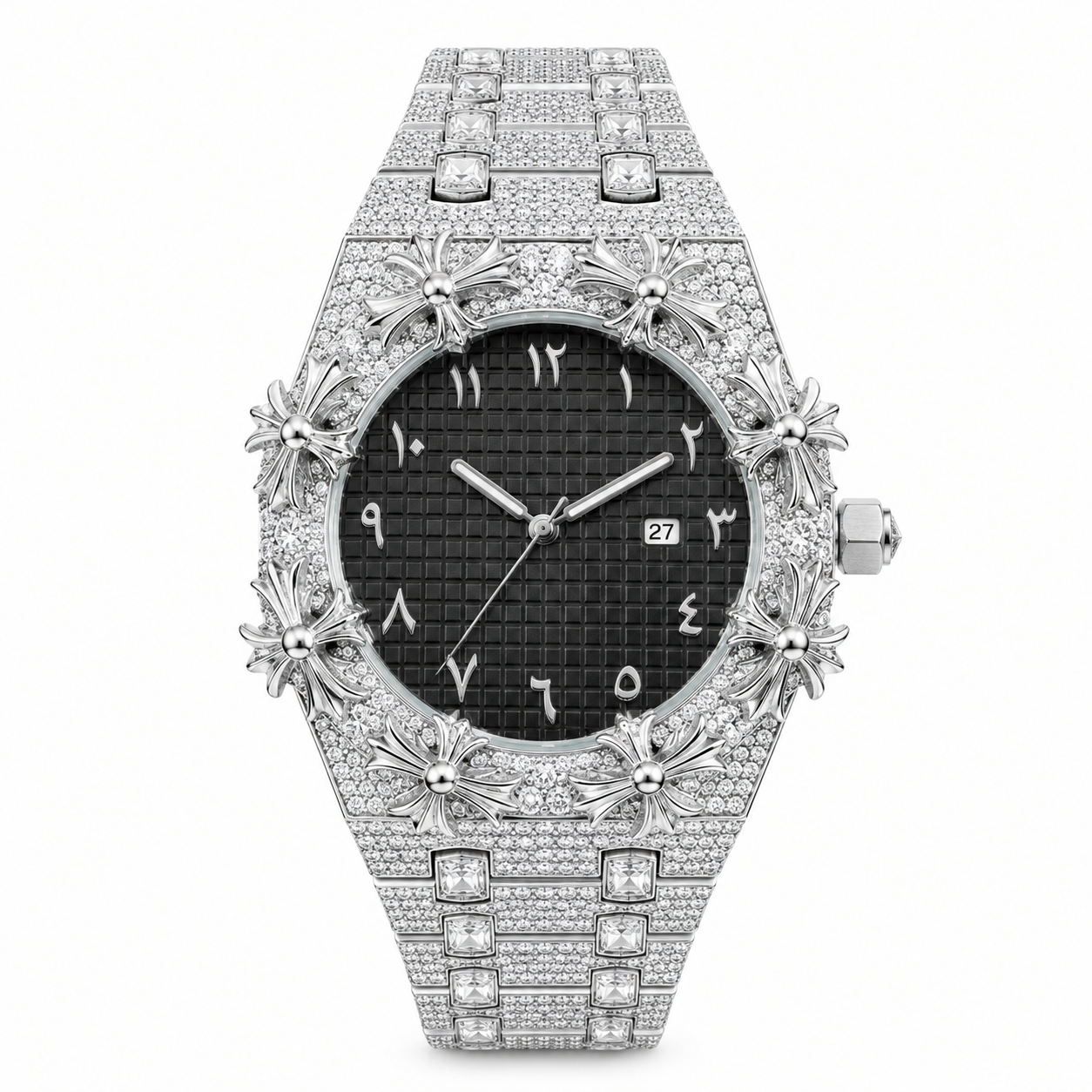 Gelati Chrome Cross Diamond Time Piece | Stainless Steel |18K Vermeil & Carbon Diamonds