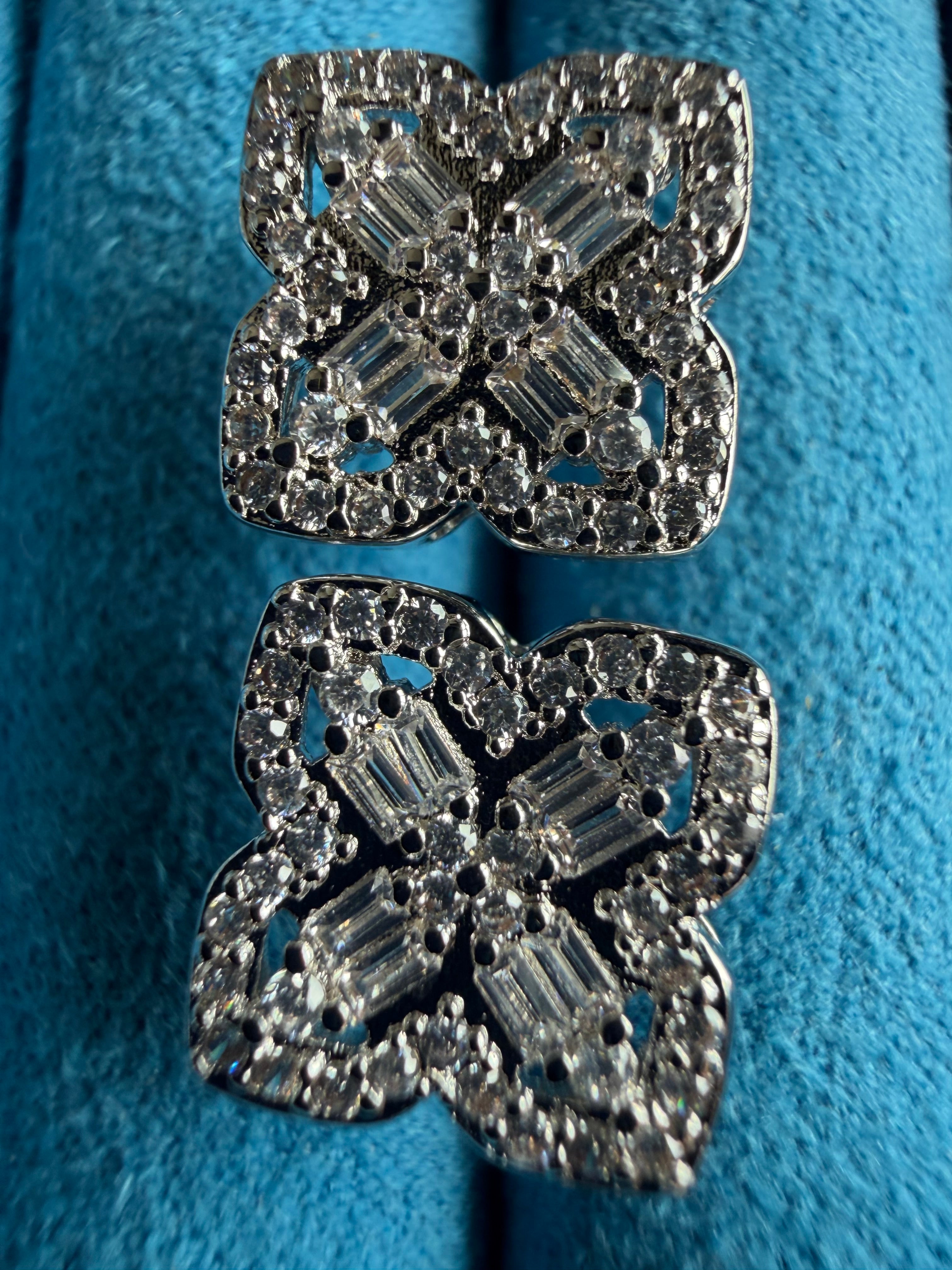 Gelati's FL-IF Lab Moissanite Diamond Baguette Clover Earrings in 925 Sterling Silver & 18K Vermeil White Gold