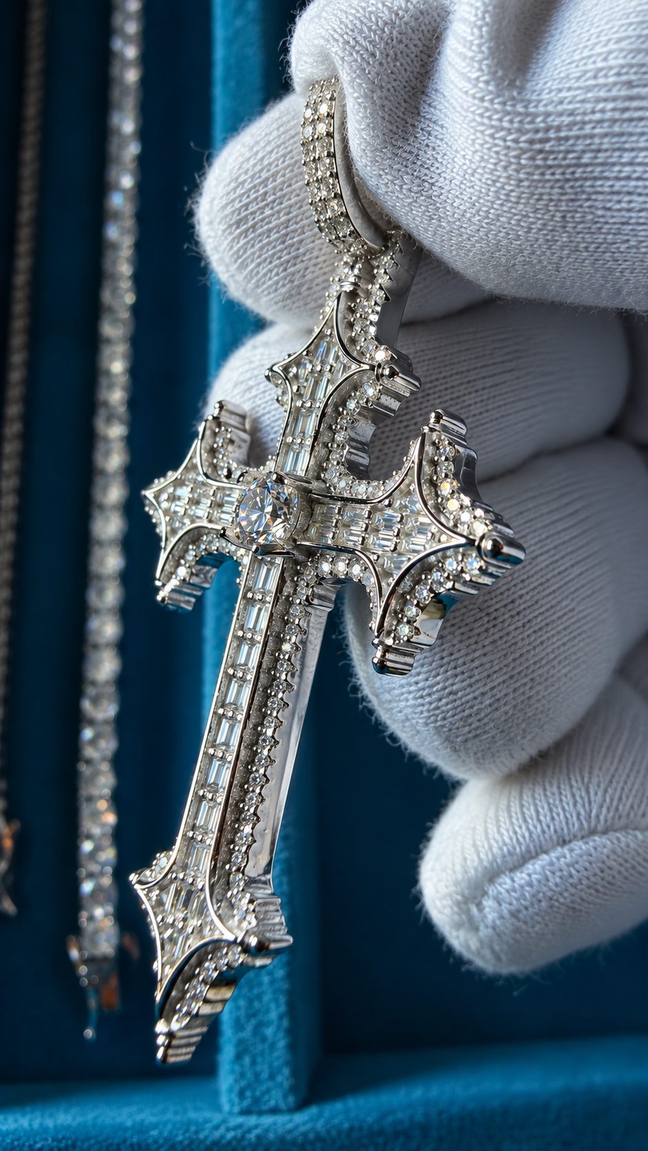 THE LAST SAINT BAGUETTE CROSS | FL-IF LAB MOISSANITE DIAMONDS IN 925 STERLING SILVER & 18K VERMEIL GOLD