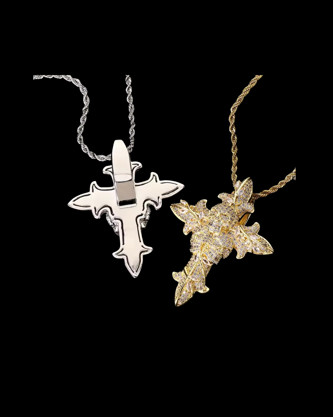 Gelati's Skull Infamous Diamond Cross In solid Titanium & 18k Vermeil Inserts & Micro Pave Carbon Diamonds- 925 Silver Rope Chain Included