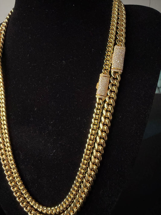 Gelati's 18K Vermeil Gold -3X CB Carbon Diamond Lock Miami Link Cuban Necklace in Solid Titanium Steel