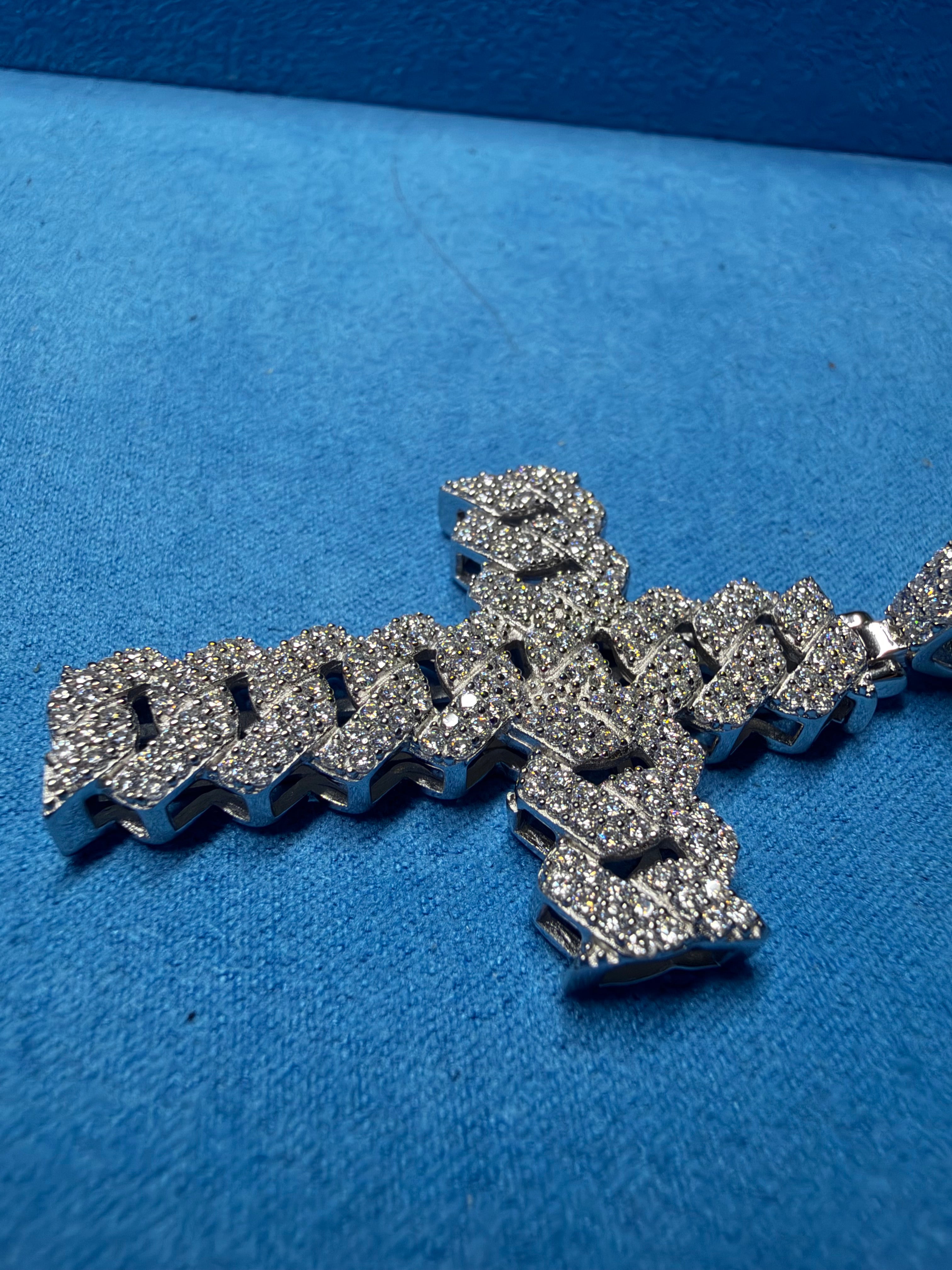 Gelati's Custom Miami Link FL-IF Lab Moissanite Diamond Cross Pendant in 925 Sterling Silver & 18k Vermeil Gold + Free silver chain included