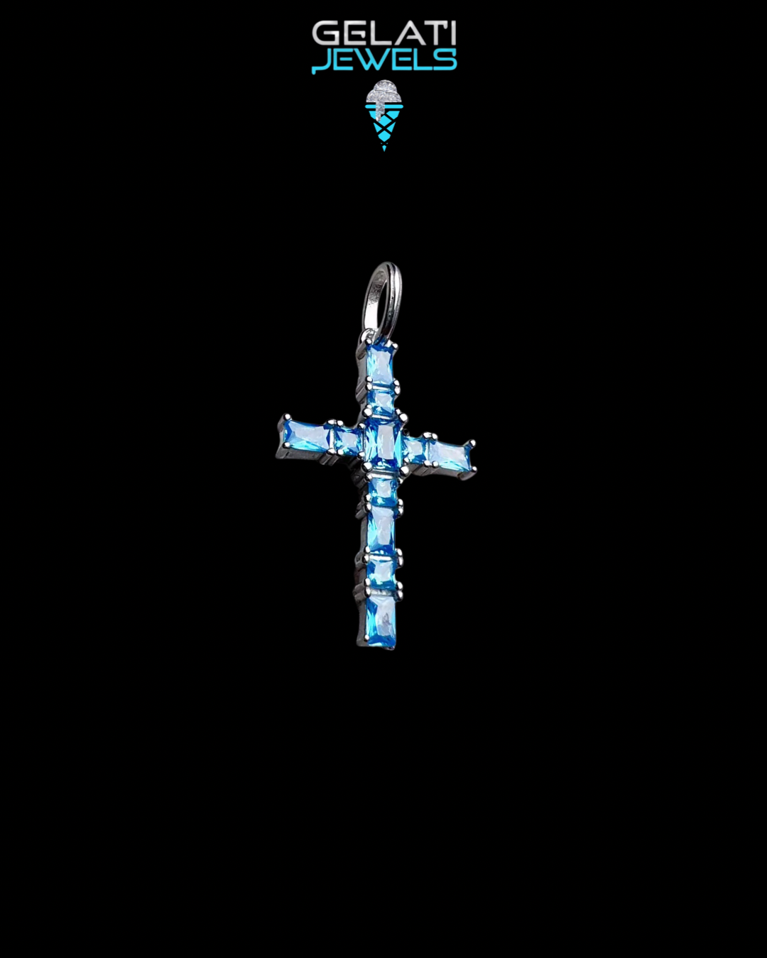 Gelati's Sapphire Baguette Cross in Solid 925 Sterling Silver & 18k Vermeil Gold + Free Sterling Silver Rope Chain
