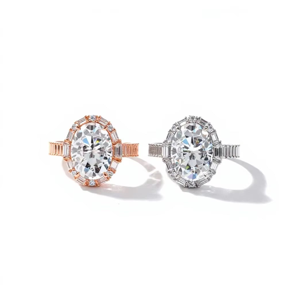 GELATI Chandelier Oval & Baguette Cut Diamond FL-IF Moissanite Ring | Solid 925 Sterling Silver & 18K Vermeil Gold