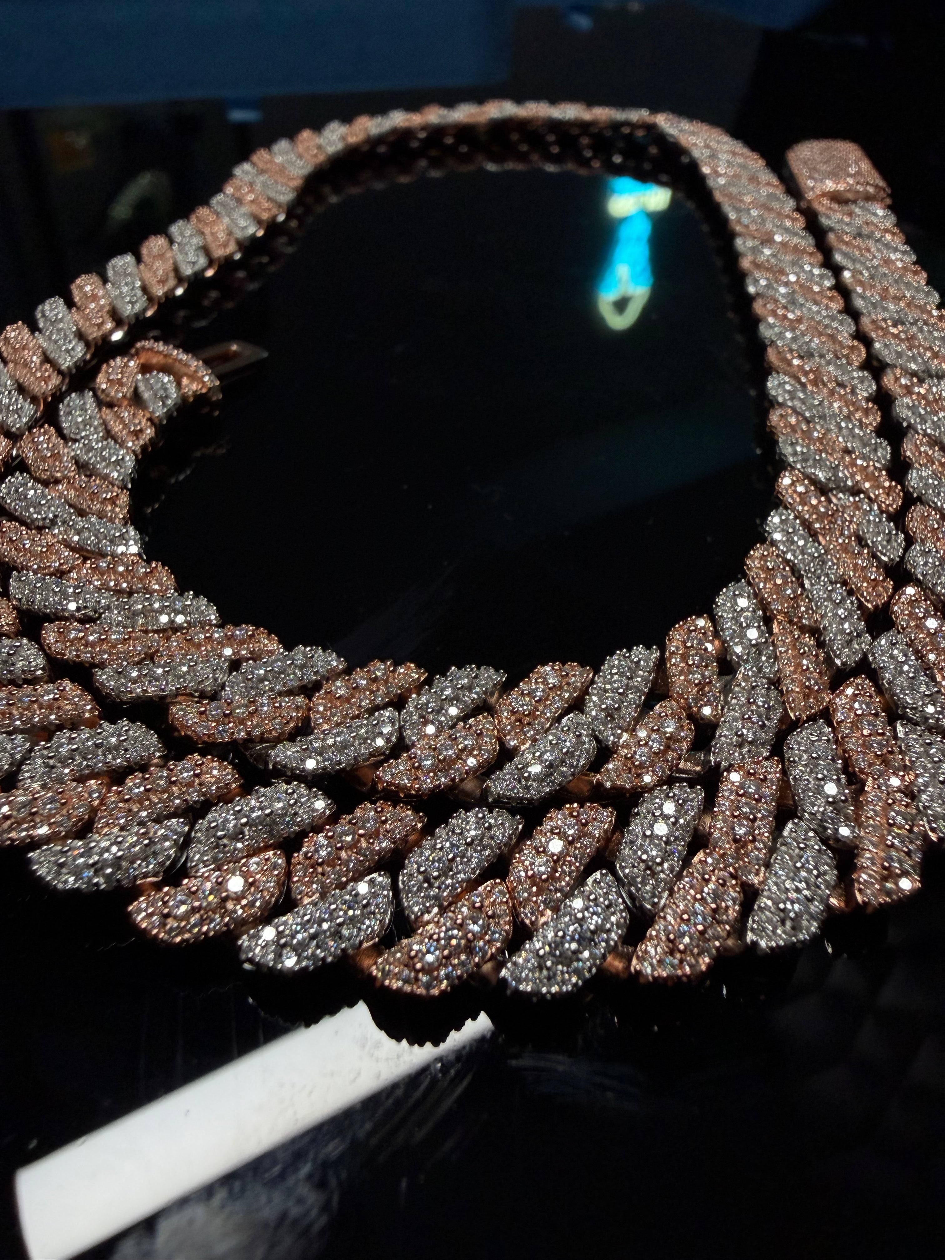 Gelati's Bespoke 3EX FL-IF Flawless GRA Lab Moissanite Diamond 14MM Miami Mosaic Setting Tri Row Cuban Link Necklace in Solid 925 Sterling Silver & 18k Vermeil Gold Inlay