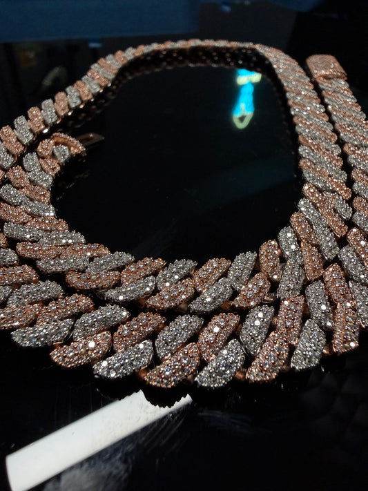 Gelati's Bespoke 3EX FL-IF Flawless GRA Lab Moissanite Diamond 14MM Miami Mosaic Setting Tri Row Cuban Link Necklace in Solid 925 Sterling Silver & 18k Vermeil Gold Inlay