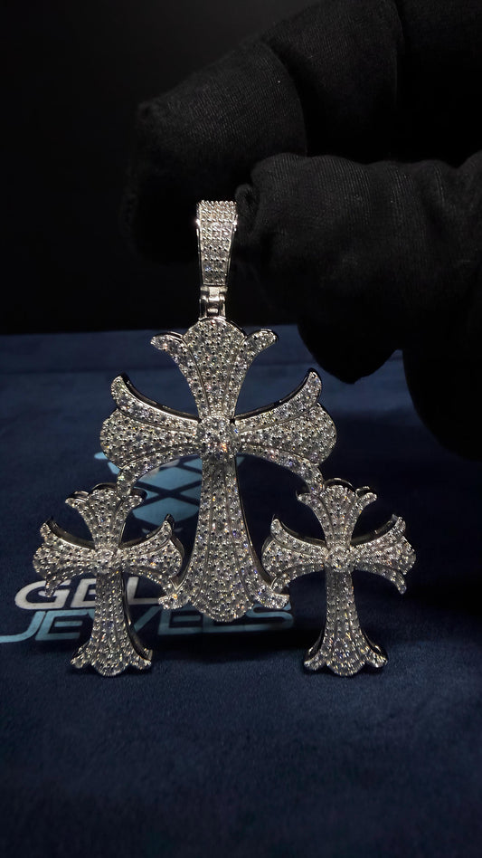 GELATI CHROME TRIPLE CROSS DIAMOND PENDANT | FL-IF LAB MOISSANITE | 925 STERLING SILVER | 18K VERMEIL GOLD