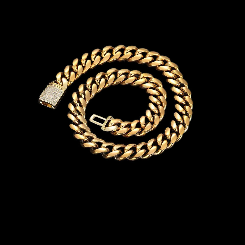 Gelati's Diamond Clasp Lock Miami Link Cuban Chain with 18k vermeil gold inserts