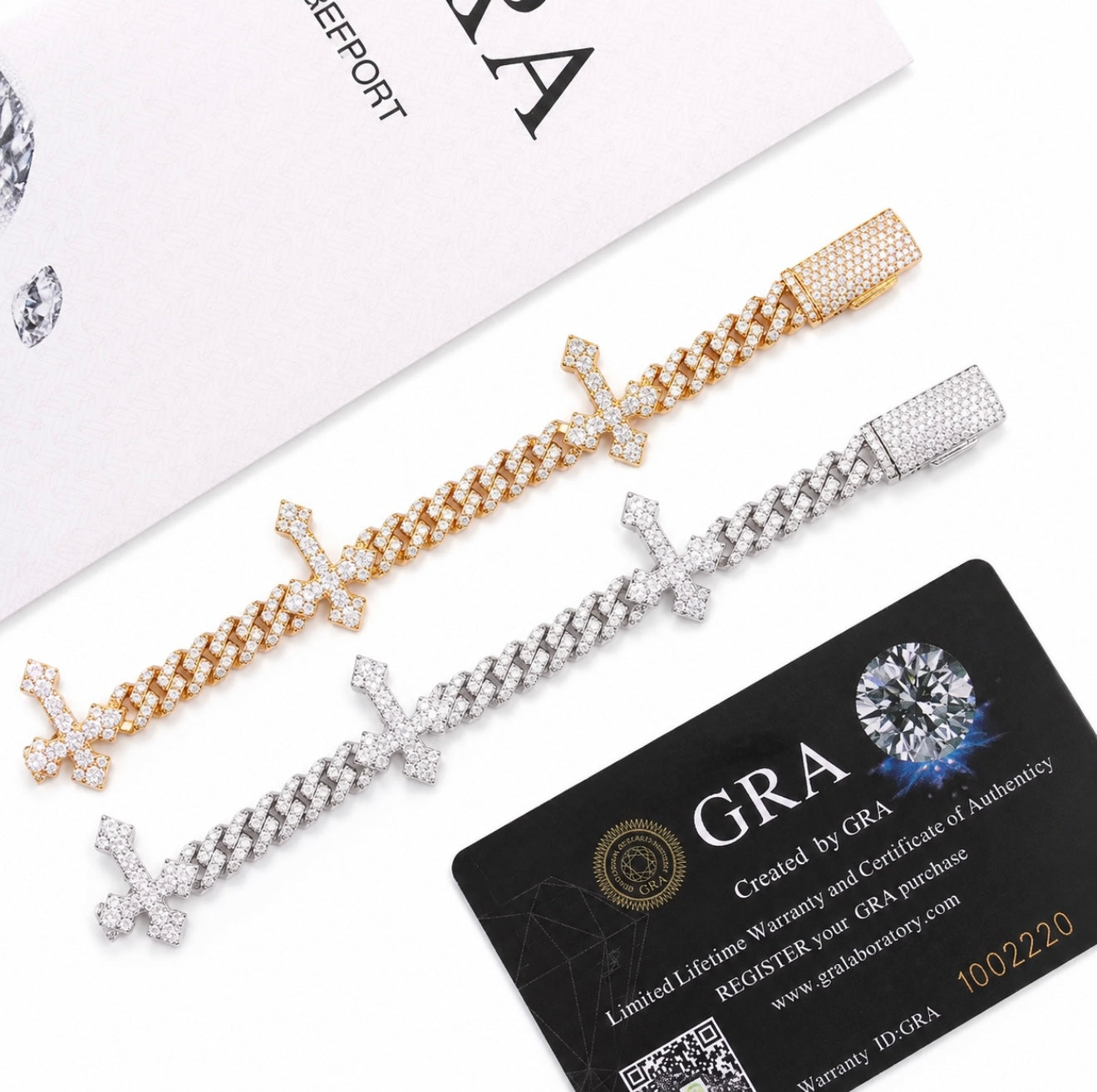 GELATI’S ULTRA THIN 6MM DIAMOND SOLITAIRE CROSS CUBAN BRACELET WITH 18K VERMEIL GOLD INSERTS
