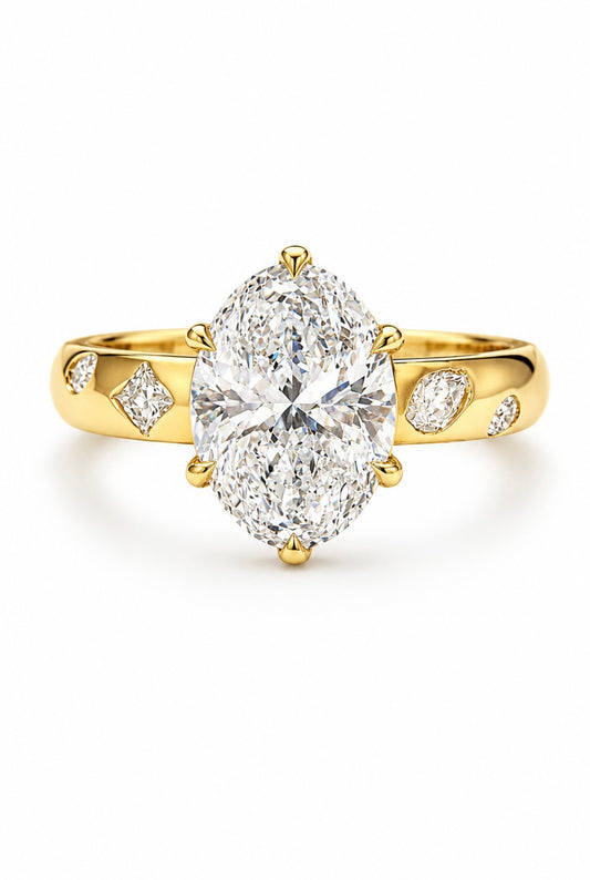 DIAMOND TOUCH OVAL ETERNITY RING – 3CTW DVVS1 MOISSANITE, 925 SILVER & PLATINUM VERMEIL
