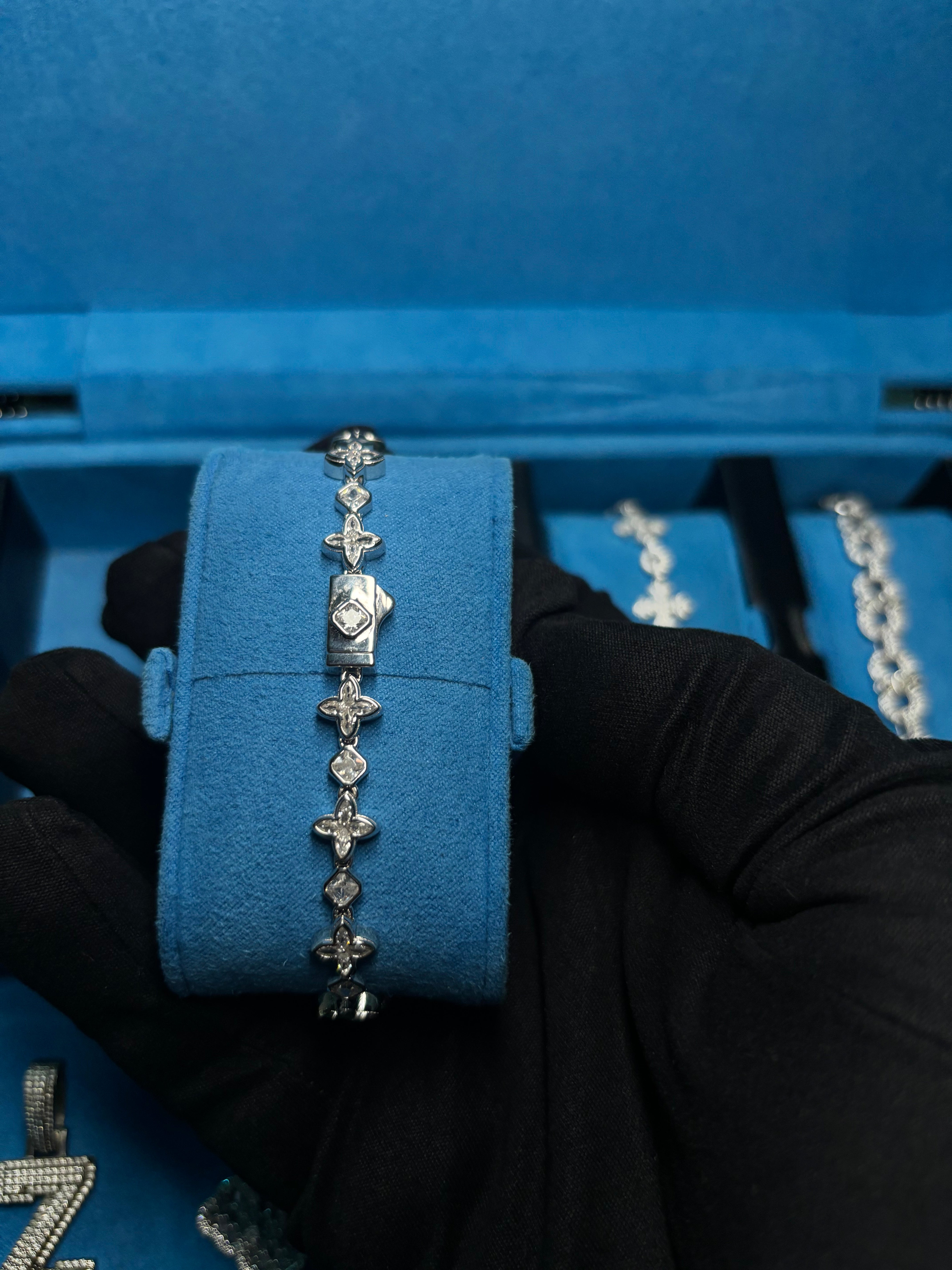 Gelati's FL-IF Baguette Bespoke Clover Lab Moissanite Diamond Custom Lock Bracelet in solid 925 Sterling Silver & 18k Vermeil Gold