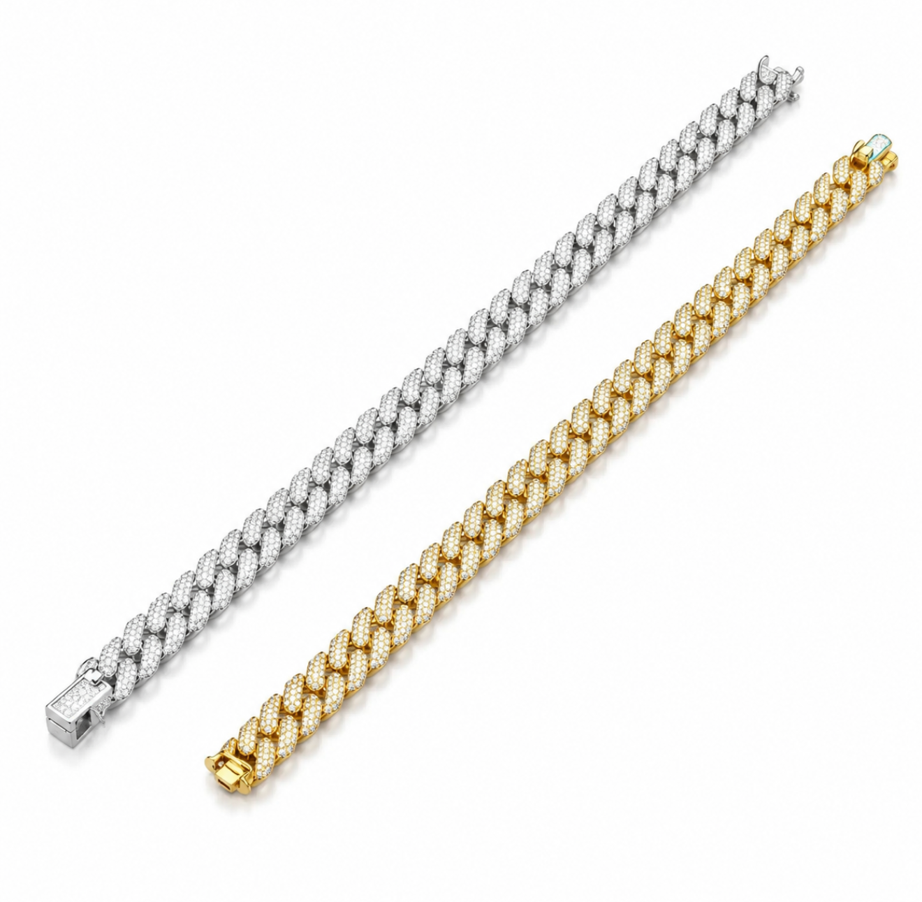 GELATI’S SIGNATURE DVVS1 MOISSANITE DIAMOND ICE LINK HYBRID LOCK CUBAN BRACELET IN 925 SILVER & 18K VERMEIL INSERTS