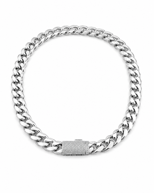 AXIOM LOCK CUBAN BRACELET – FL–IF MOISSANITE, SILVER/TITANIUM & 18K VERMEIL