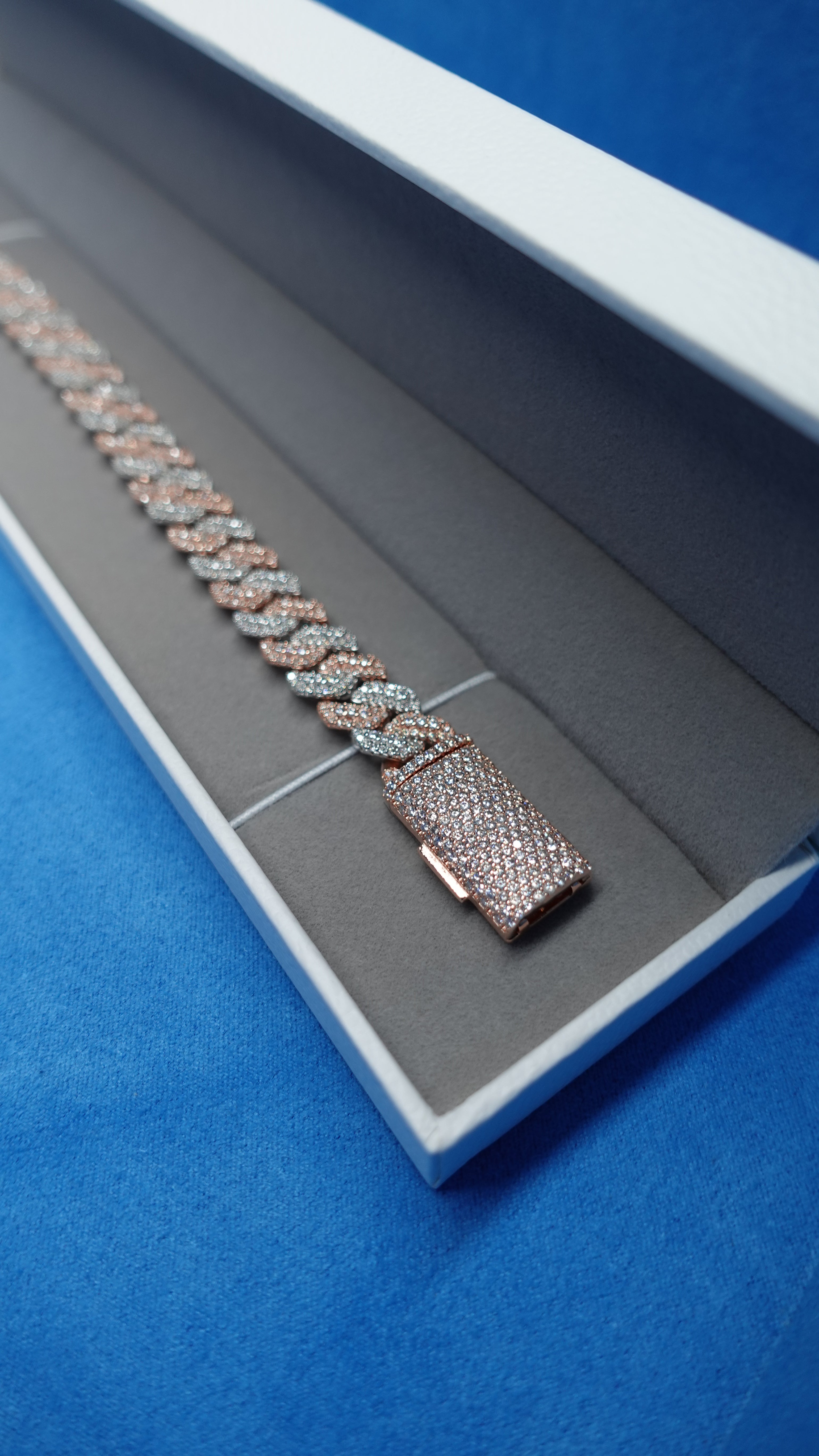 Gelati's Bespoke Mosaic Setting 14mm Two Tone FL-IF Diamond Cuban Bracelet In 925 Sterling Silver & 18k Vermeil Gold Inlay - 12 CTW