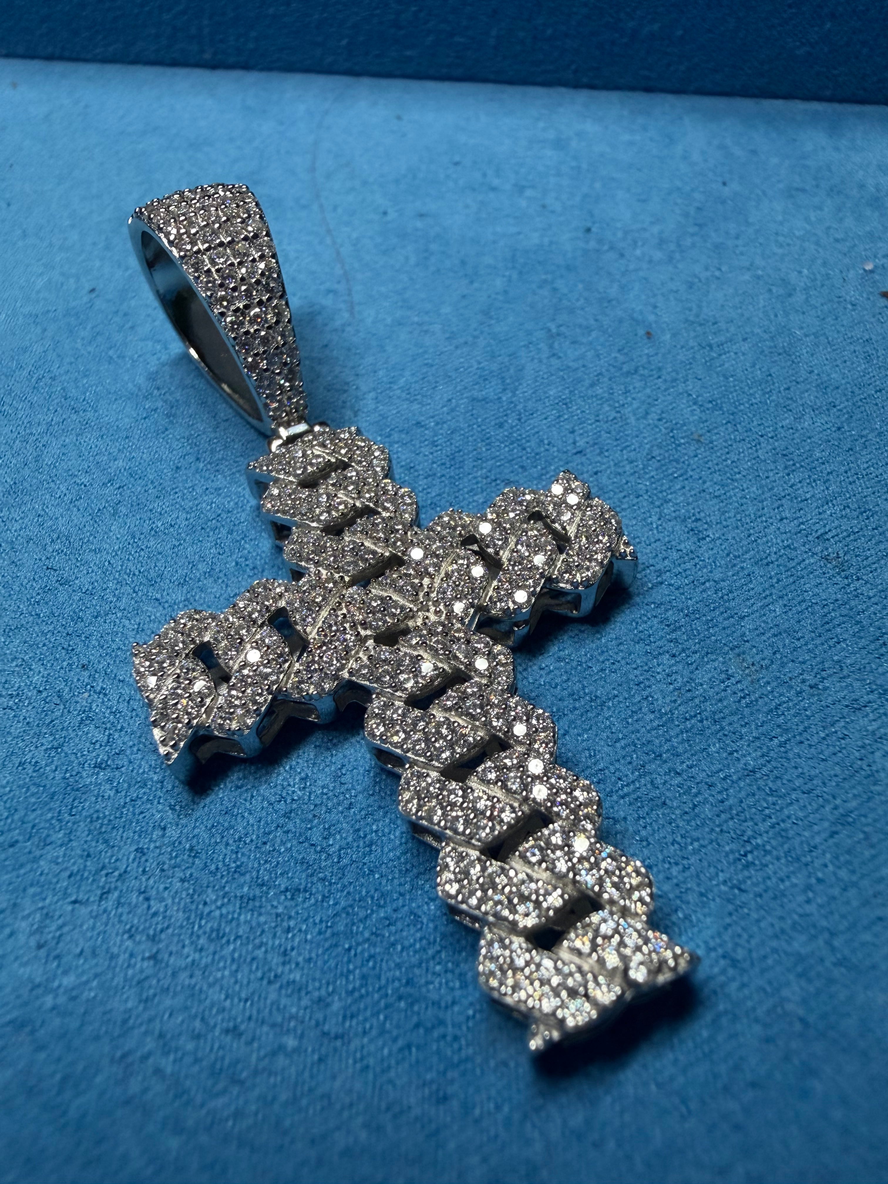 Gelati's Custom Miami Link FL-IF Lab Moissanite Diamond Cross Pendant in 925 Sterling Silver & 18k Vermeil Gold + Free silver chain included