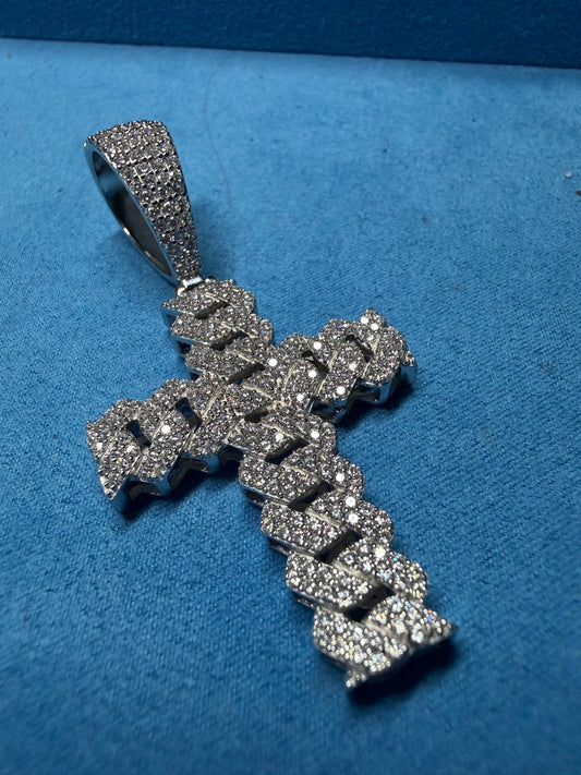 Gelati's Custom Miami Link FL-IF Lab Moissanite Diamond Cross Pendant in 925 Sterling Silver & 18k Vermeil Gold + Free silver chain included