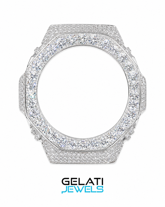 Gelati's Custom G-Shock GA2100 FL-IF Lab Moissanite Diamond Case In Solid 925 Sterling Silver & 18k Vermeil White Gold