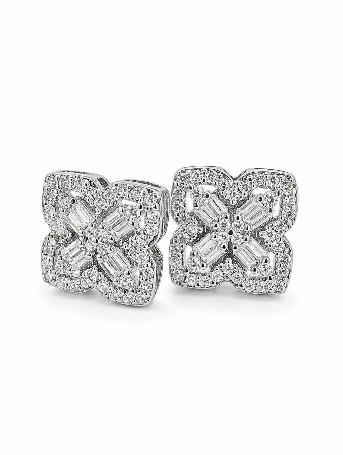 BAGUETTE CLOVER EARRINGS – FL-IF MOISSANITE, 925 SILVER & 18K WHITE VERMEIL