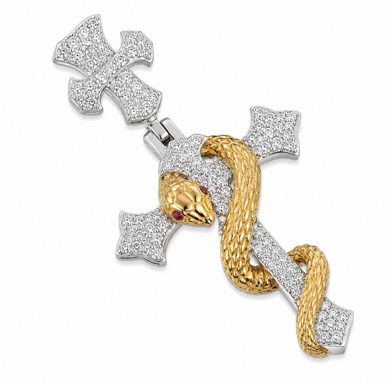 GOLDEN VIPER CROSS PENDANT – FL–IF MOISSANITE, 925 SILVER & 18K VERMEIL