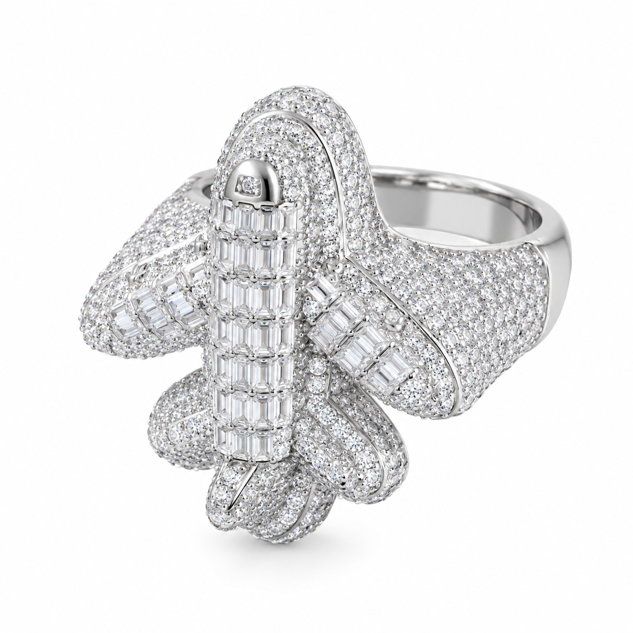 GELATI G6 PRIVATE JET DIAMOND RING | FL-IF FLAWLESS LAB MOISSANITE | BAGUETTE SETTING | 925 STERLING SILVER & 18K VERMEIL GOLD